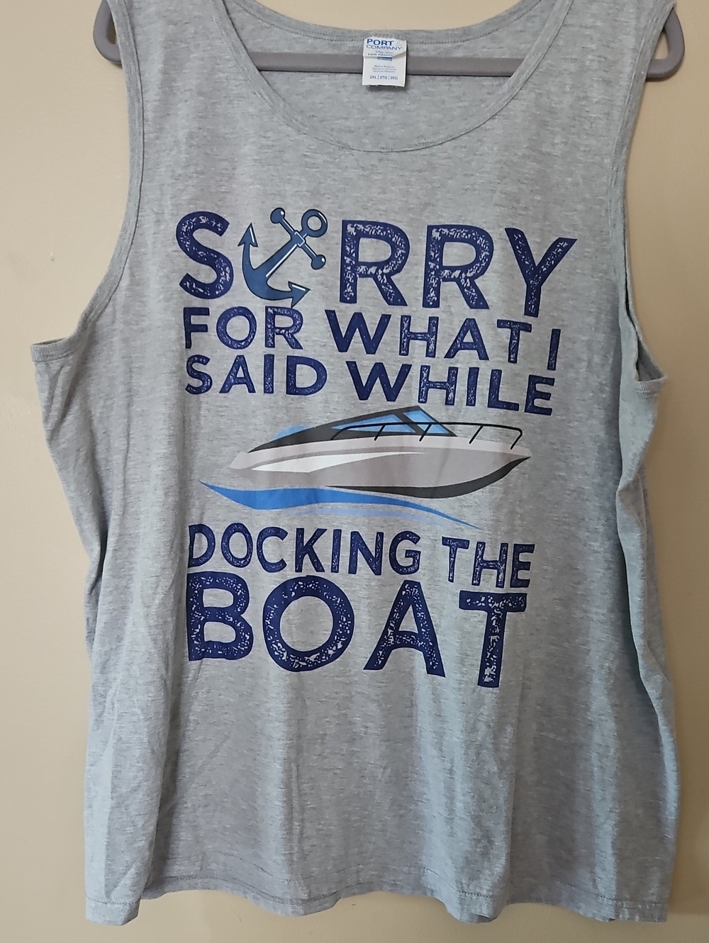 Port and Company Light Gray Tank Top with Navy and Blue Nautical Graphic